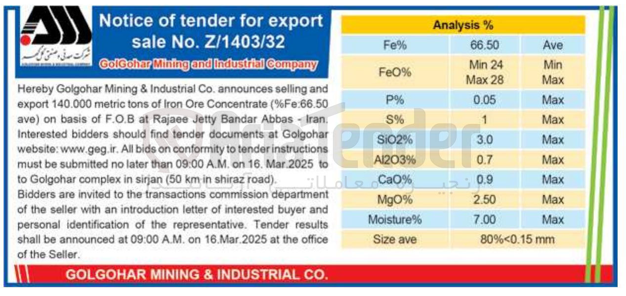 تصویر کوچک آگهی and selling announces  Fe:66.50 % ( Concentrate Ore Iron of tons metric 140.000 export ) ave