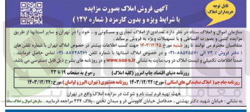 تصویر کوچک آگهی  تعدادی از املاک تجاری و مسکونی 