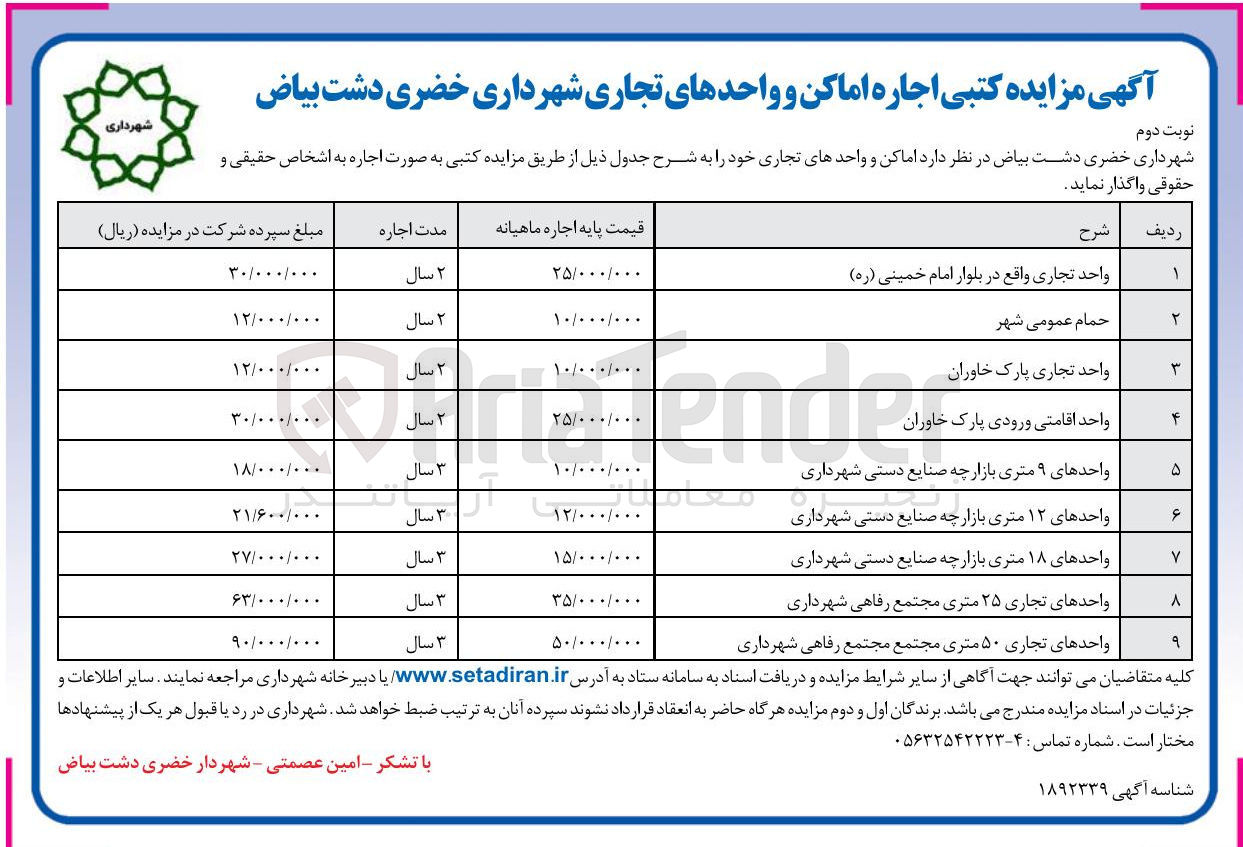 تصویر کوچک آگهی  اجاره اماکن و واحدهای تجاری در 9 ردیف