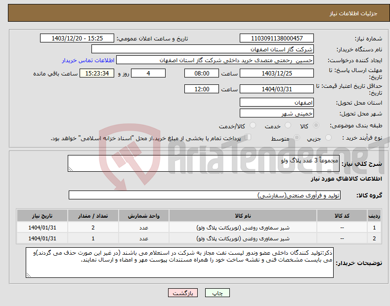 تصویر کوچک آگهی نیاز انتخاب تامین کننده-مجموعاً 3 عدد پلاگ ولو 