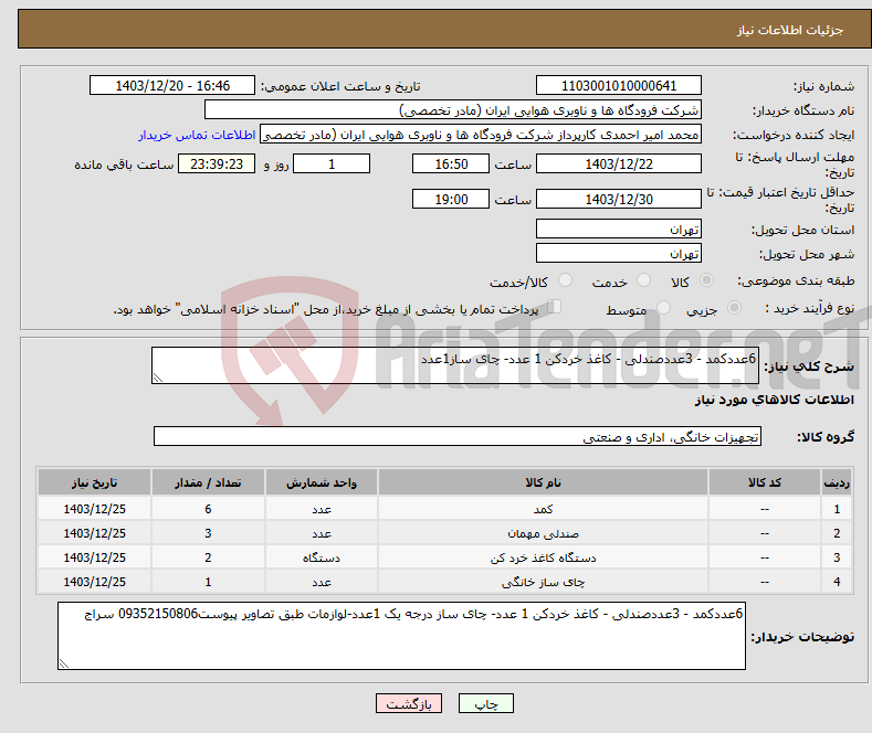 تصویر کوچک آگهی نیاز انتخاب تامین کننده-6عددکمد - 3عددصندلی - کاغذ خردکن 1 عدد- چای ساز1عدد