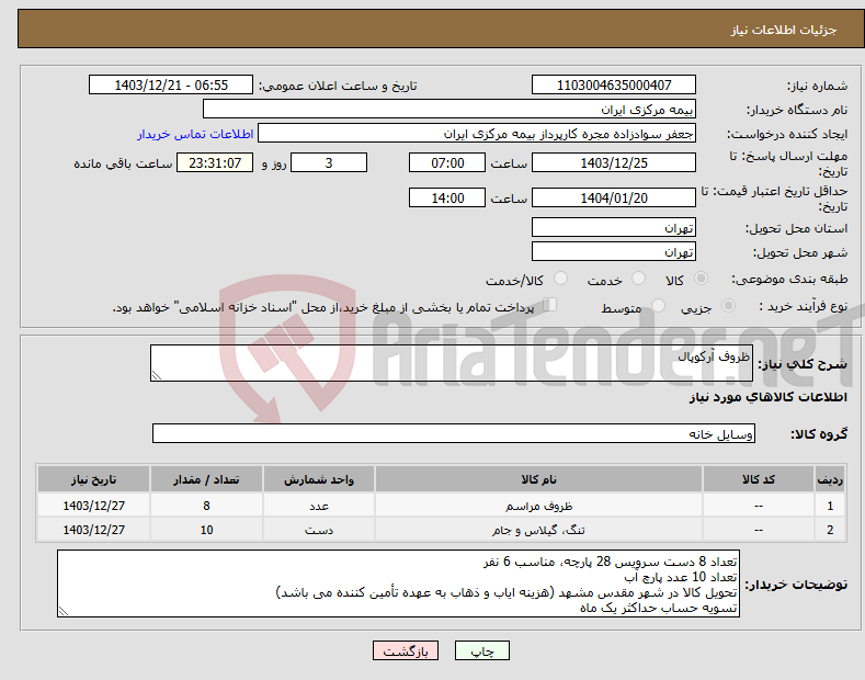 تصویر کوچک آگهی نیاز انتخاب تامین کننده-ظروف آرکوپال 