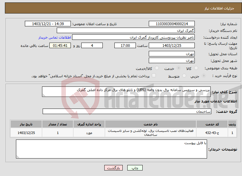 تصویر کوچک آگهی نیاز انتخاب تامین کننده-بررسی و سرویس سامانه برق بدون وقفه (UPS) و تابلو های برق مرکز داده اصلی گمرک