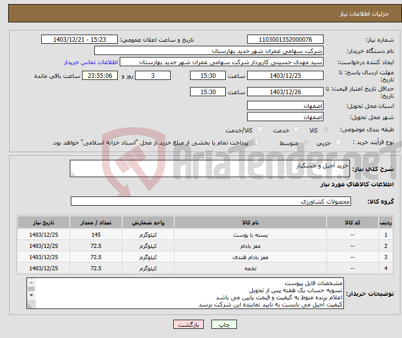 تصویر کوچک آگهی نیاز انتخاب تامین کننده-خرید آجیل و خشکبار