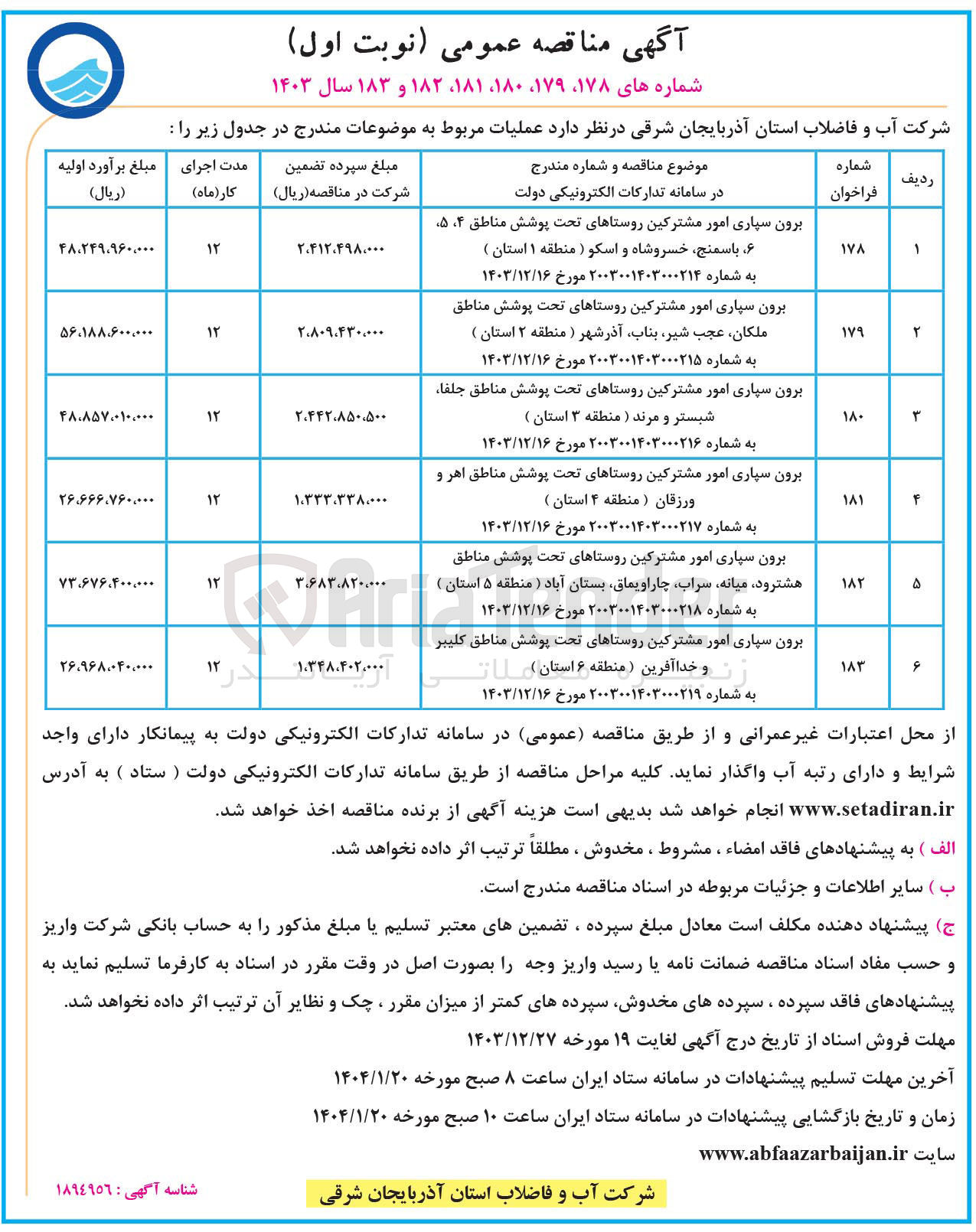 تصویر کوچک آگهی برون سپاری امور مشترکین روستاهای تحت پوشش مناطق کلیبر و خدا آفرین (منطقه ۶ استان )