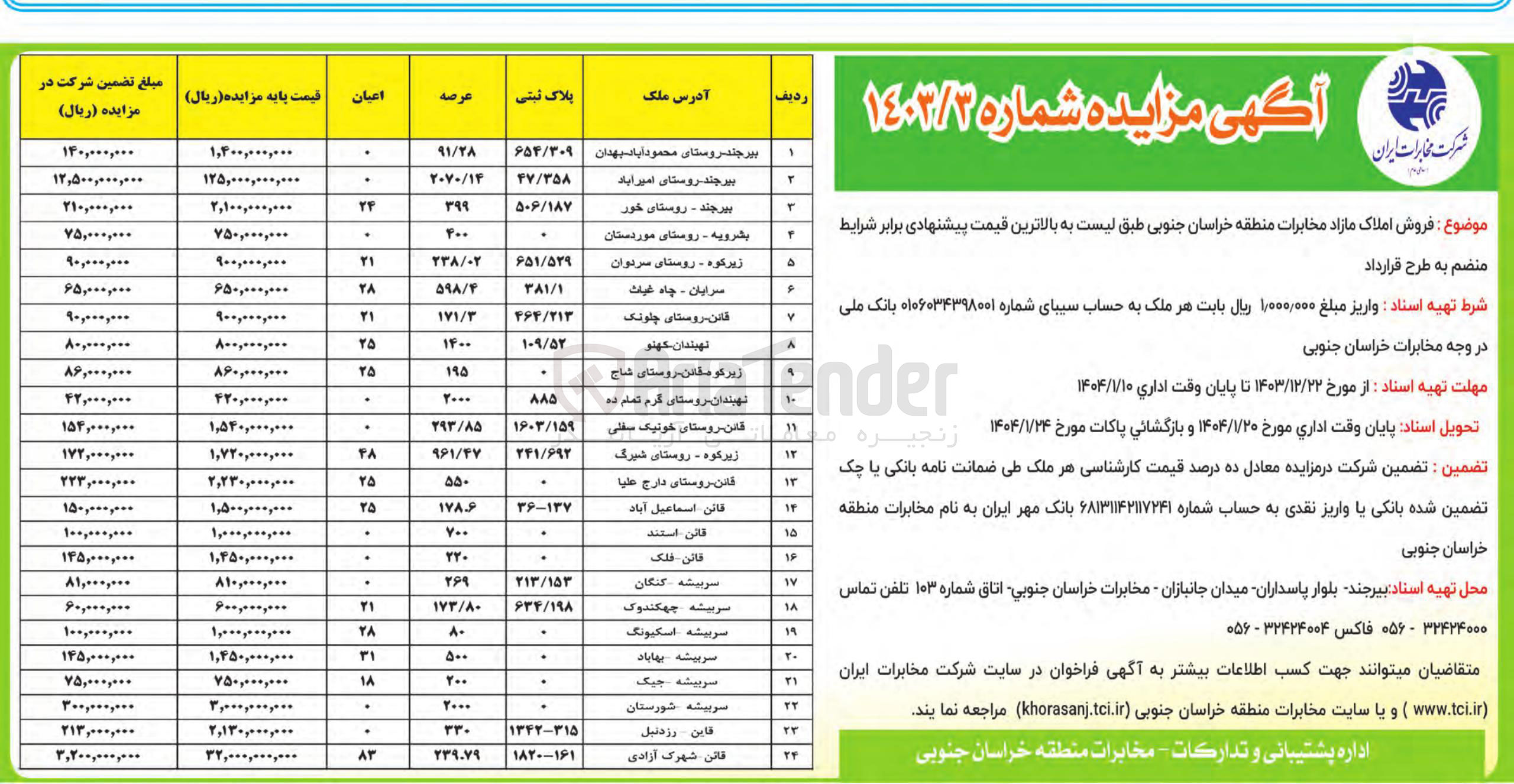 تصویر کوچک آگهی فروش املاک مازاد در 24 ردیف 