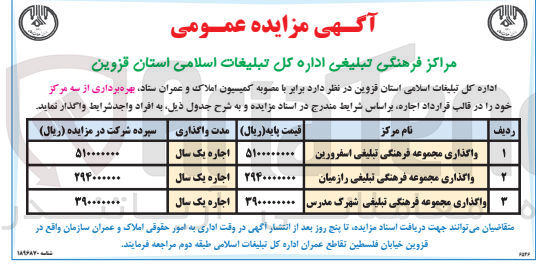 تصویر کوچک آگهی واگذاری مجموعه فرهنگی تبلیغی 