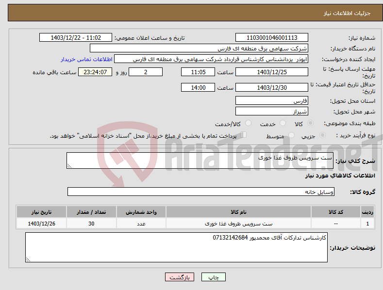 تصویر کوچک آگهی نیاز انتخاب تامین کننده-ست سرویس ظروف غذا خوری 