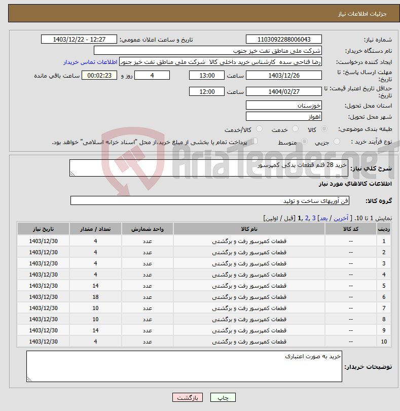 تصویر کوچک آگهی نیاز انتخاب تامین کننده-خرید 28 قلم قطعات یدکی کمپرسور