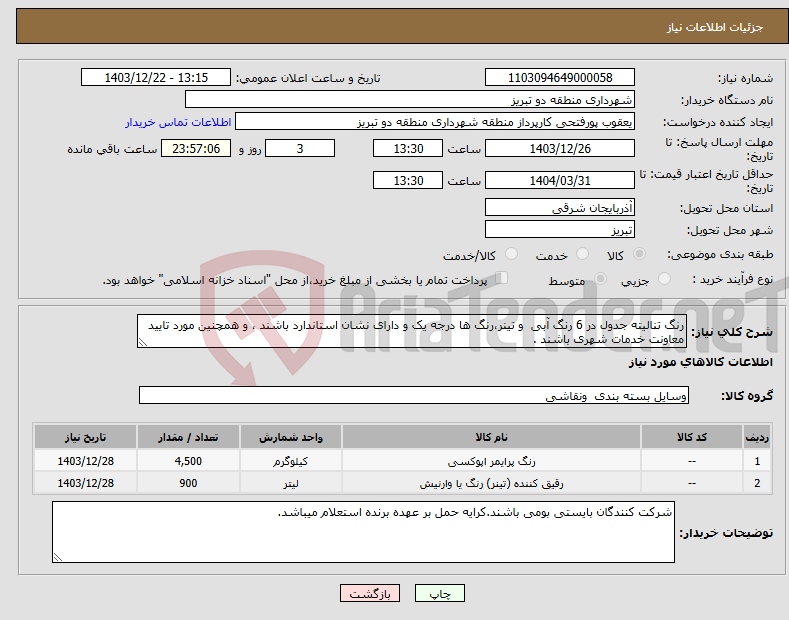تصویر کوچک آگهی نیاز انتخاب تامین کننده-رنگ تنالیته جدول در 6 رنگ آبی و تینر،رنگ ها درجه یک و دارای نشان استاندارد باشند ، و همچنین مورد تایید معاونت خدمات شهری باشند .