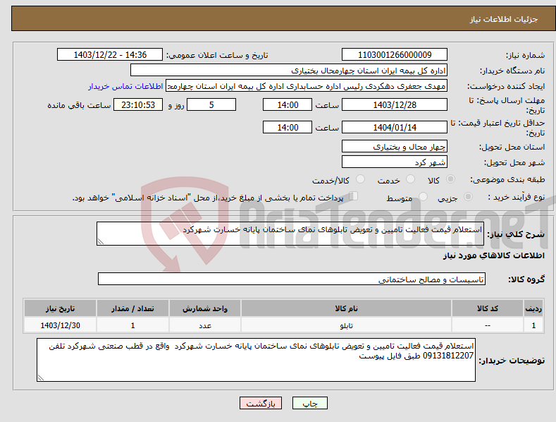 تصویر کوچک آگهی نیاز انتخاب تامین کننده-استعلام قیمت فعالیت تامیین و تعویض تابلوهای نمای ساختمان پایانه خسارت شهرکرد 