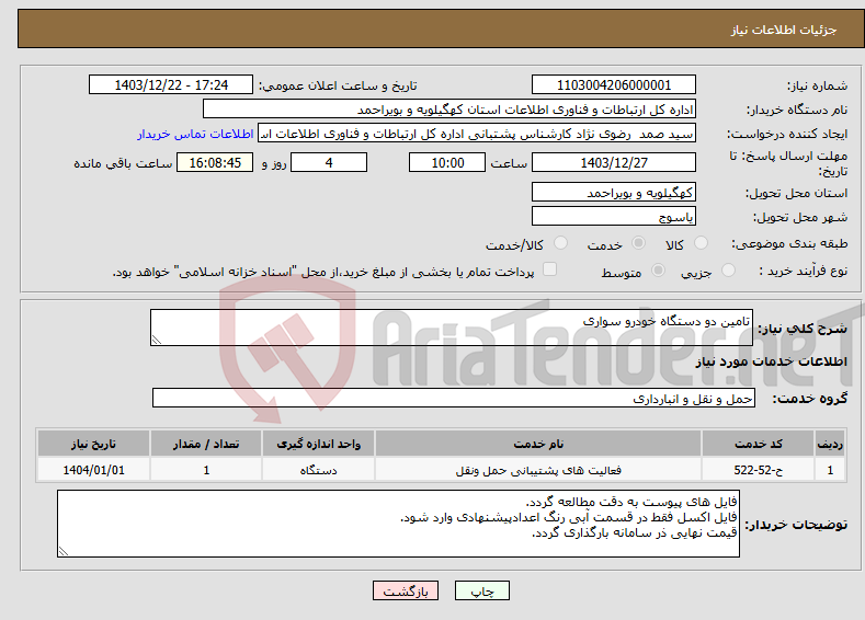 تصویر کوچک آگهی نیاز انتخاب تامین کننده-تامین دو دستگاه خودرو سواری