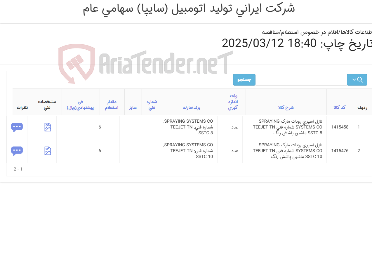 تصویر کوچک آگهی تامین دو ردیف نازل های اسپری