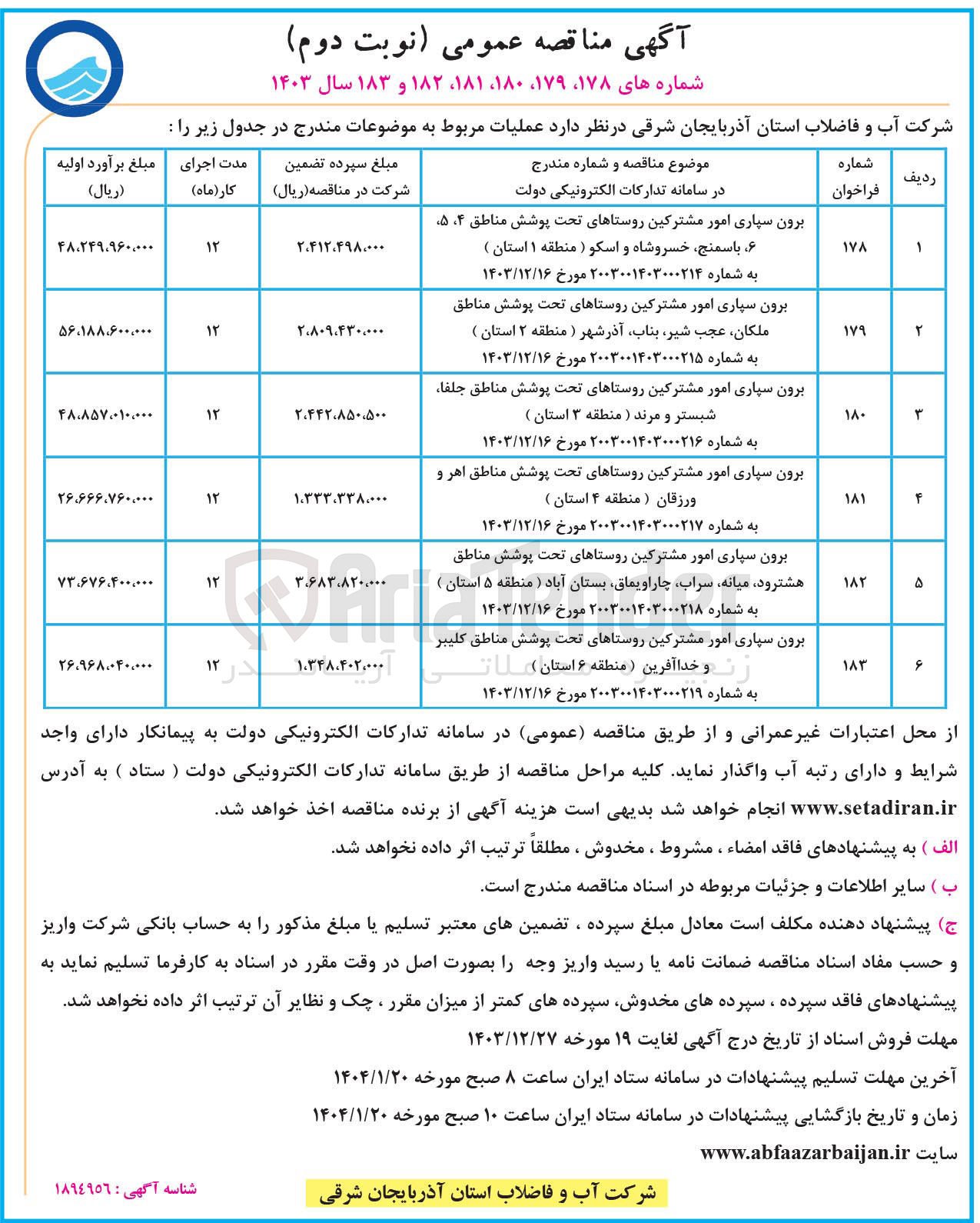 تصویر کوچک آگهی برون سپاری امور مشترکین روستاهای تحت پوشش مناطق ملکان ، عجب شیر بناب آذر شهر ( منطقه ۲ استان ) 