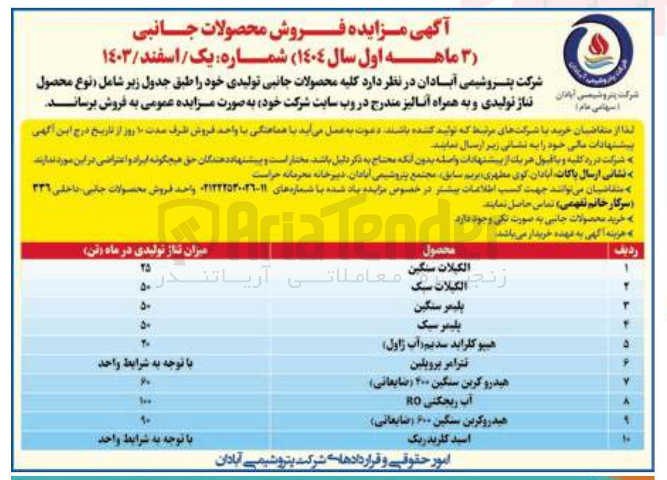 تصویر کوچک آگهی فروش  کلیه محصولات جانبی تولیدی شامل : الکیلات سنگین و الکیلات سبک و پلیمر سنگین و پلیمر سبک و هیپو کلراید سدیم آب ژاول ) و تترامر پرویلین و هیدرو کربن سنگین ۴۰۰ ( ضایعاتی ) و آب ریجکتی RO و هیدروکربن سنگین ۶۰۰ ( ضایعاتی ) و اسید کلریدریک 