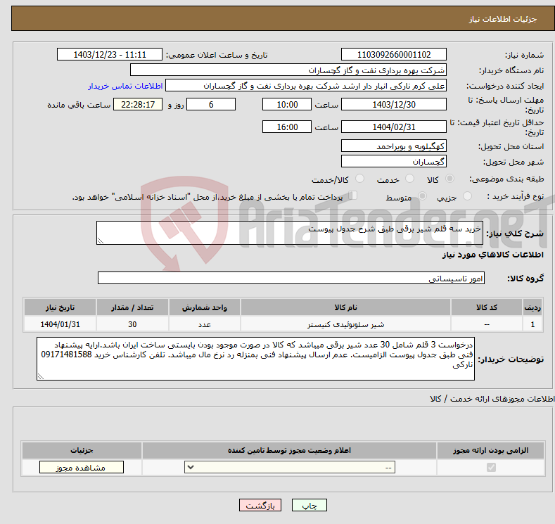 تصویر کوچک آگهی نیاز انتخاب تامین کننده-خرید سه قلم شیر برقی طبق شرح جدول پیوست