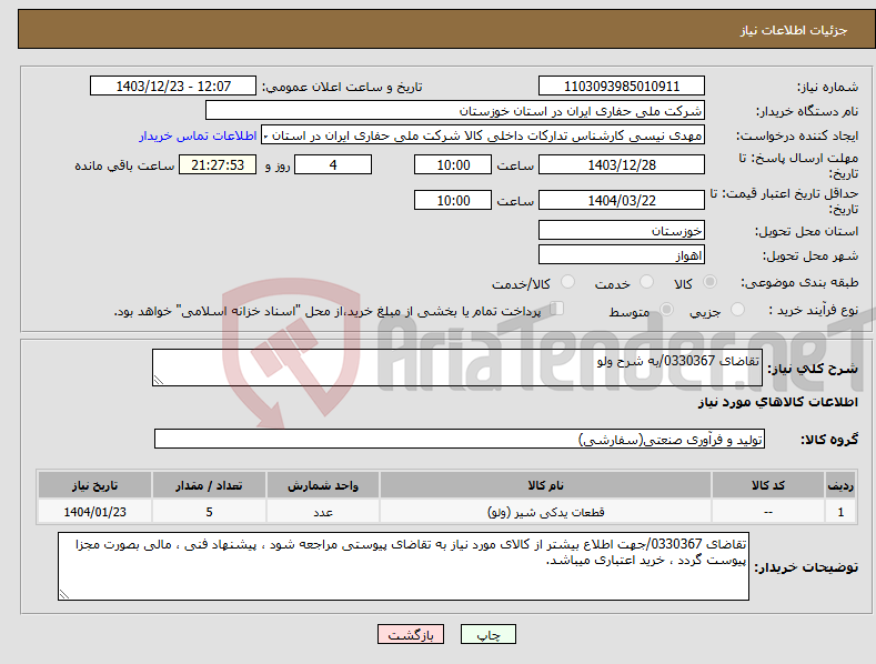تصویر کوچک آگهی نیاز انتخاب تامین کننده-تقاضای 0330367/به شرح ولو 