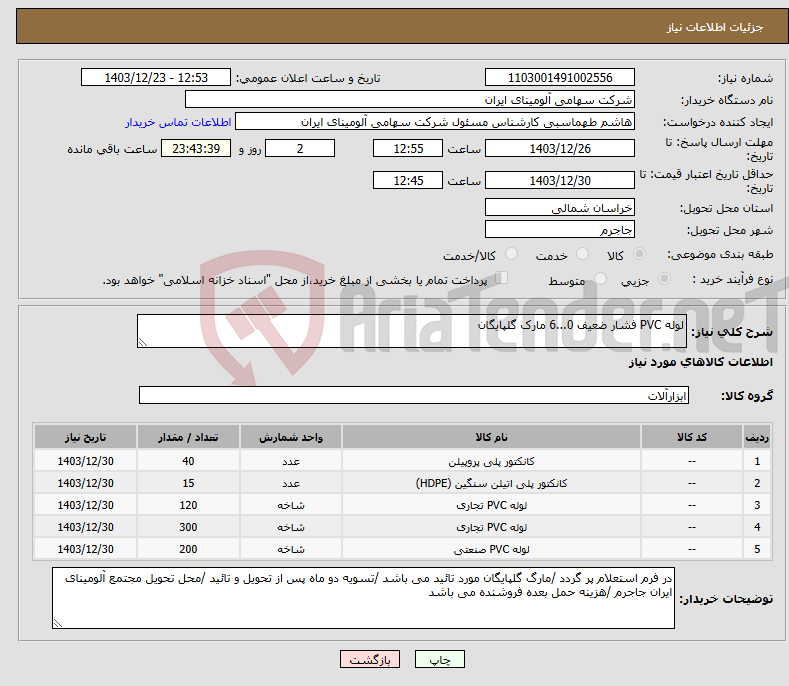 تصویر کوچک آگهی نیاز انتخاب تامین کننده-لوله PVC فشار ضعیف 0...6 مارک گلپایگان 