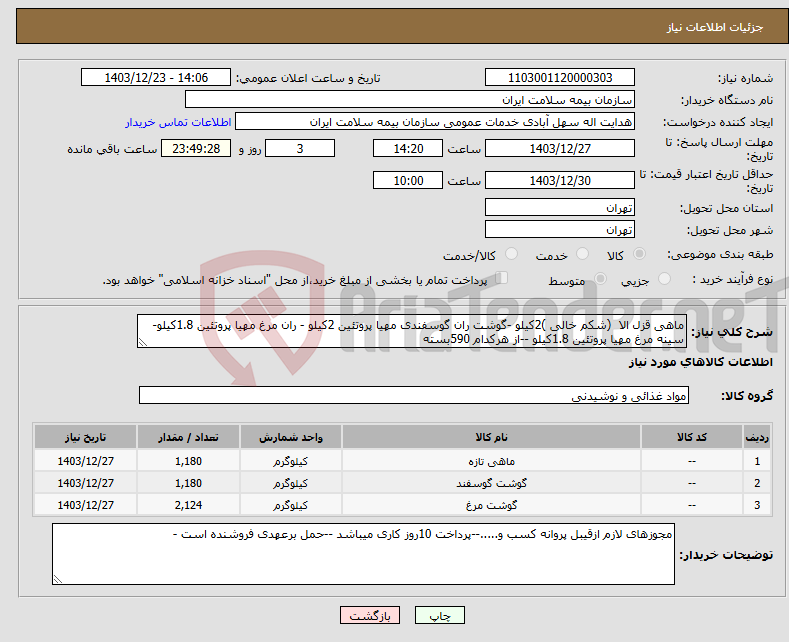 تصویر کوچک آگهی نیاز انتخاب تامین کننده-ماهی قزل الا (شکم خالی )2کیلو -گوشت ران گوسفندی مهیا پروتئین 2کیلو - ران مرغ مهیا پروتئین 1.8کیلو-سینه مرغ مهیا پروتئین 1.8کیلو --از هرکدام 590بسته 