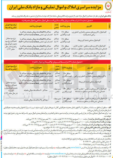تصویر کوچک آگهی مزایده سراسری املاک و اموال تملیکی و مازاد 