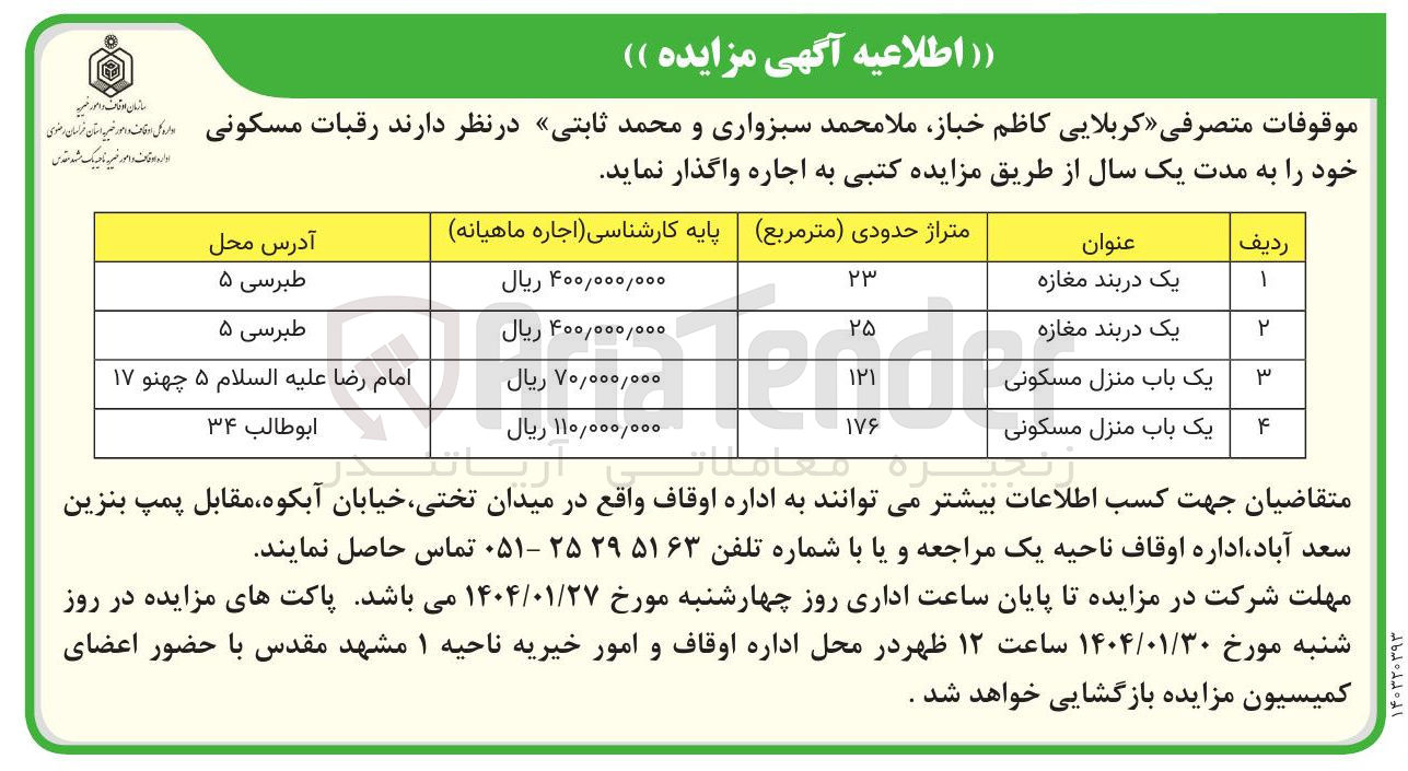 تصویر کوچک آگهی اجاره رقبات مسکونی و تجاری در 4 ردیف 