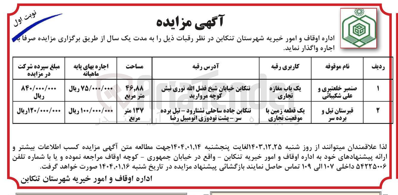 تصویر کوچک آگهی اجاره یک باب مغازه تجاری و یک قطعه زمین با موقعیت تجاری