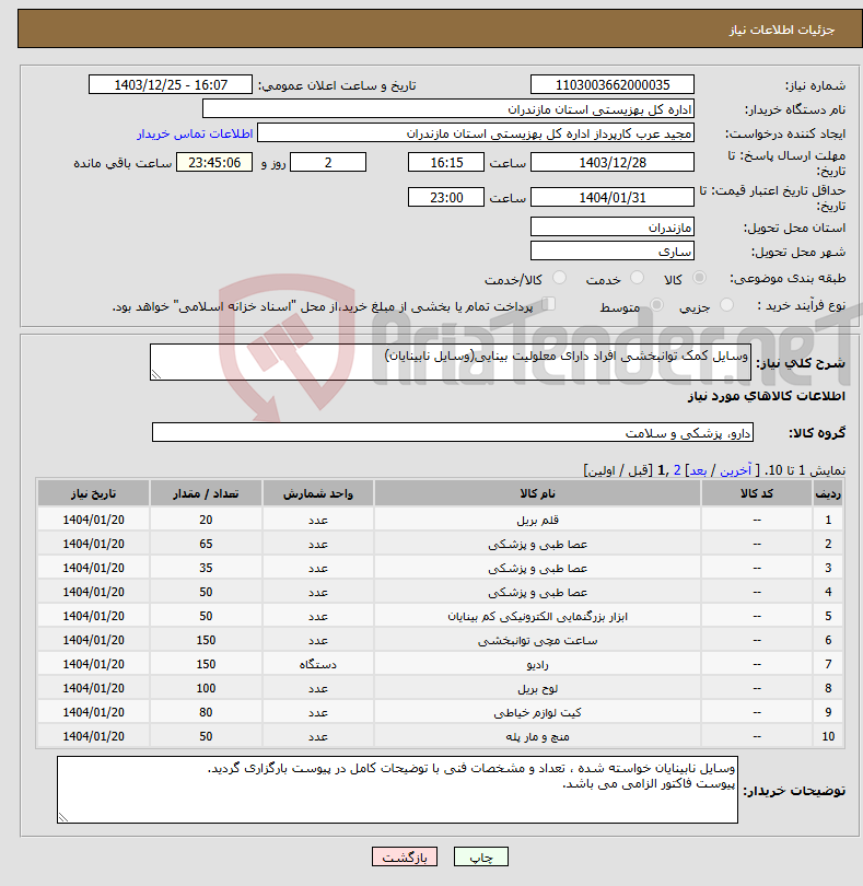 تصویر کوچک آگهی نیاز انتخاب تامین کننده-وسایل کمک توانبخشی افراد دارای معلولیت بینایی(وسایل نابینایان)