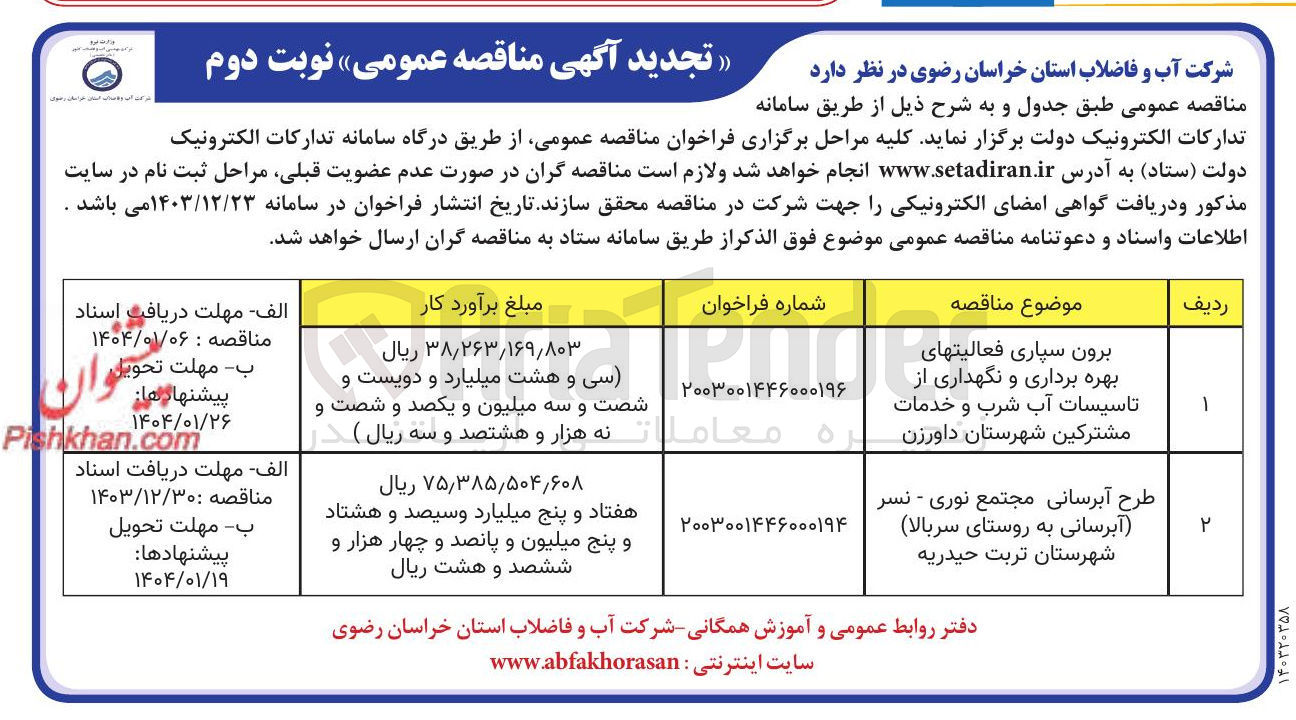 تصویر کوچک آگهی طرح آبرسانی مجتمع نوری - نسر آبرسانی به روستای سربالا 
