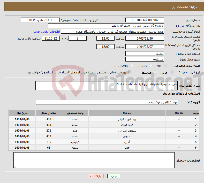 تصویر کوچک آگهی نیاز انتخاب تامین کننده-خرید سهمیه ماهیانه مربوط به ماه آبان ماه 1403
