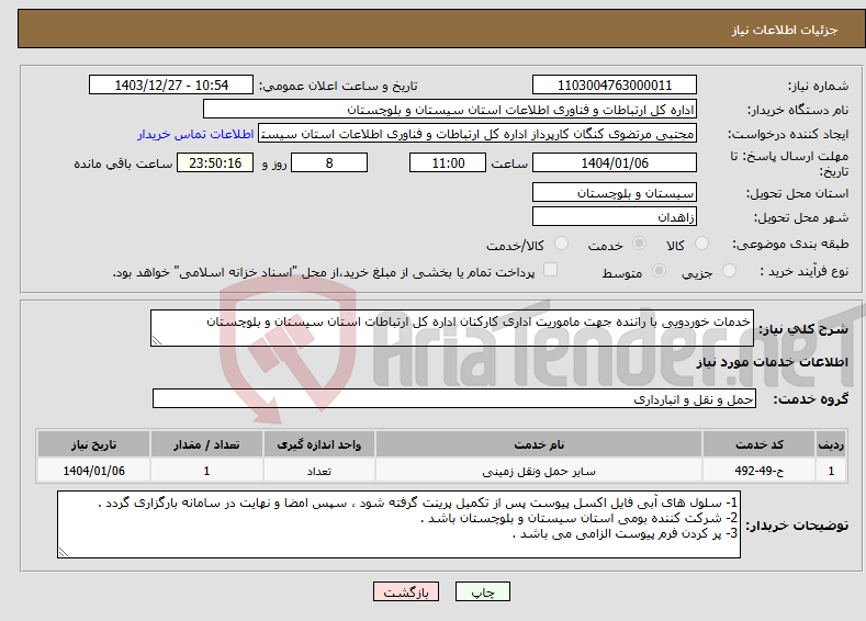 تصویر کوچک آگهی نیاز انتخاب تامین کننده-خدمات خوردویی با راننده جهت ماموریت اداری کارکنان اداره کل ارتباطات استان سیستان و بلوچستان