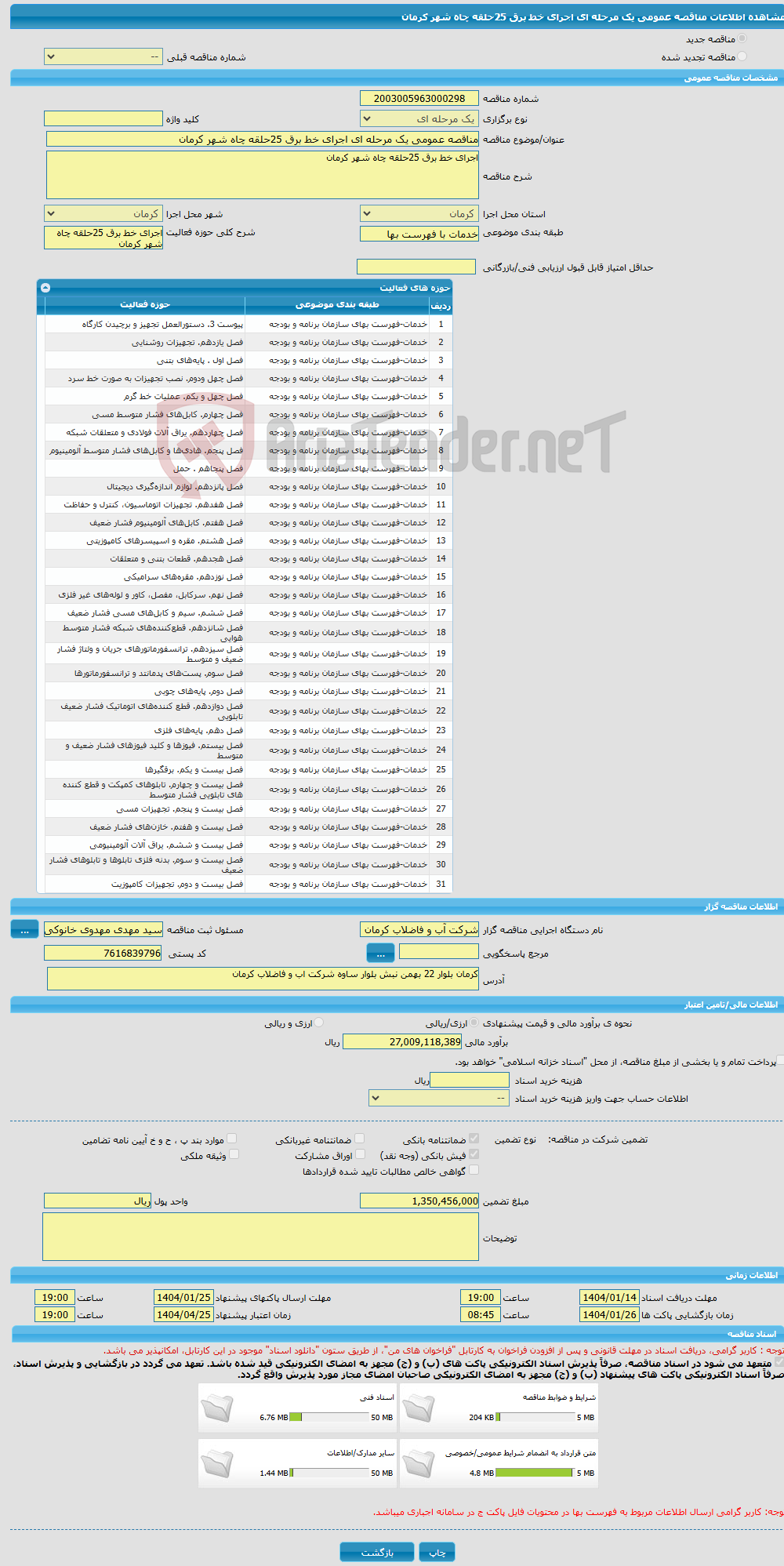 تصویر کوچک آگهی مناقصه عمومی یک مرحله ای اجرای خط برق 25حلقه چاه شهر کرمان