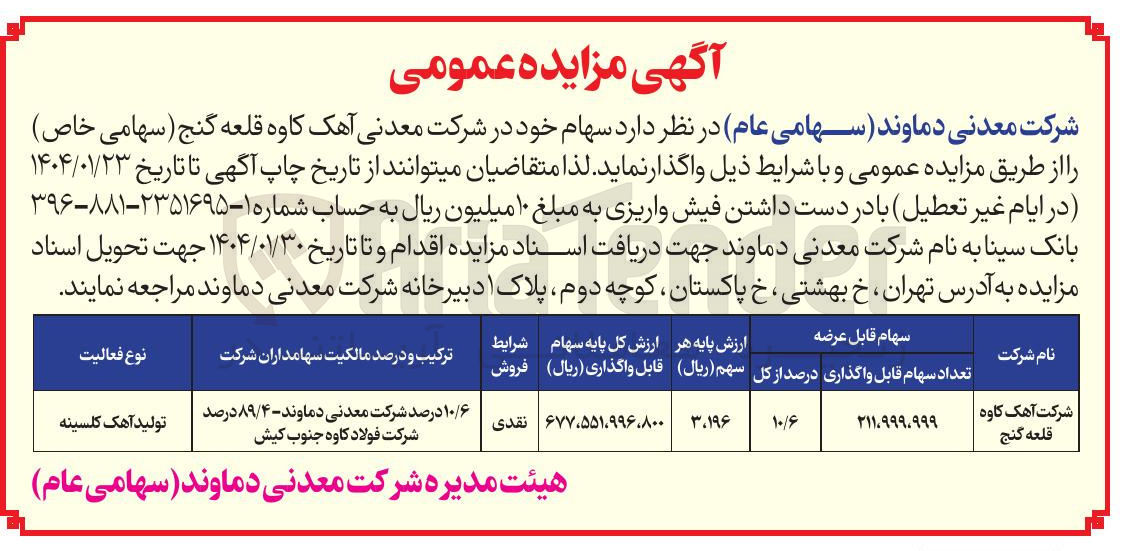 تصویر کوچک آگهی واگذاری سهام