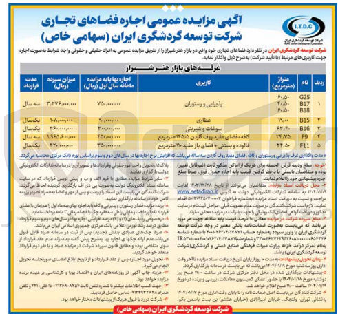 تصویر کوچک آگهی اجاره فضاهای تجاری با کاربری پذیرایی و رستوران، عطاری، سوغات و شیرینی، کافه و فضای مفید روف گاردن، فالوده و بستنی و فضای باز
