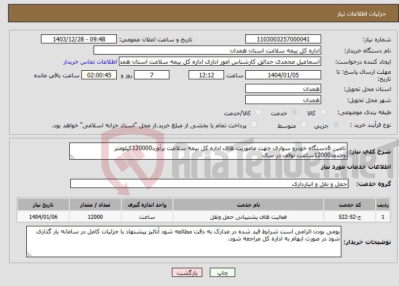 تصویر کوچک آگهی نیاز انتخاب تامین کننده-تامین 6دستگاه خودرو سواری جهت ماموریت های اداره کل بیمه سلامت برآورد120000کیلومتر وحدود12000ساعت توقف در سال
