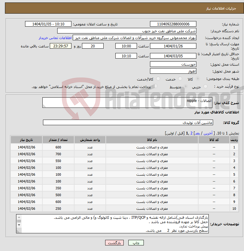 تصویر کوچک آگهی نیاز انتخاب تامین کننده-اتصالات - nipple
