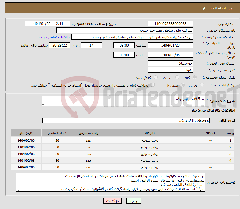 تصویر کوچک آگهی نیاز انتخاب تامین کننده-خرید 5 قلم لوازم برقی