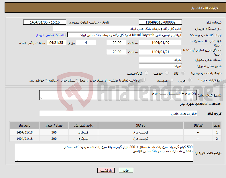 تصویر کوچک آگهی نیاز انتخاب تامین کننده-ران مرغ + شنیتسل سینه مرغ 
