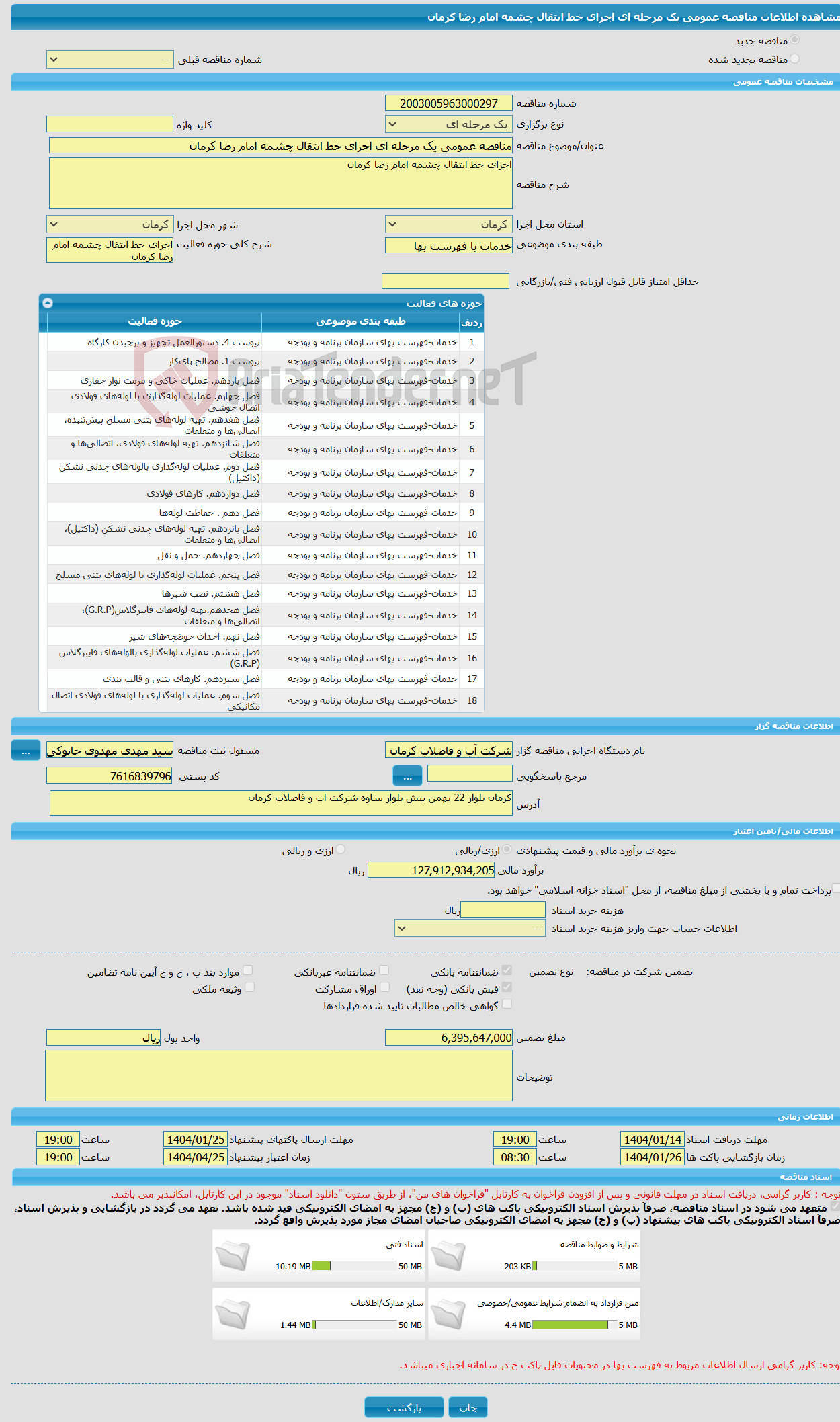 تصویر کوچک آگهی مناقصه عمومی یک مرحله ای اجرای خط انتقال چشمه امام رضا کرمان