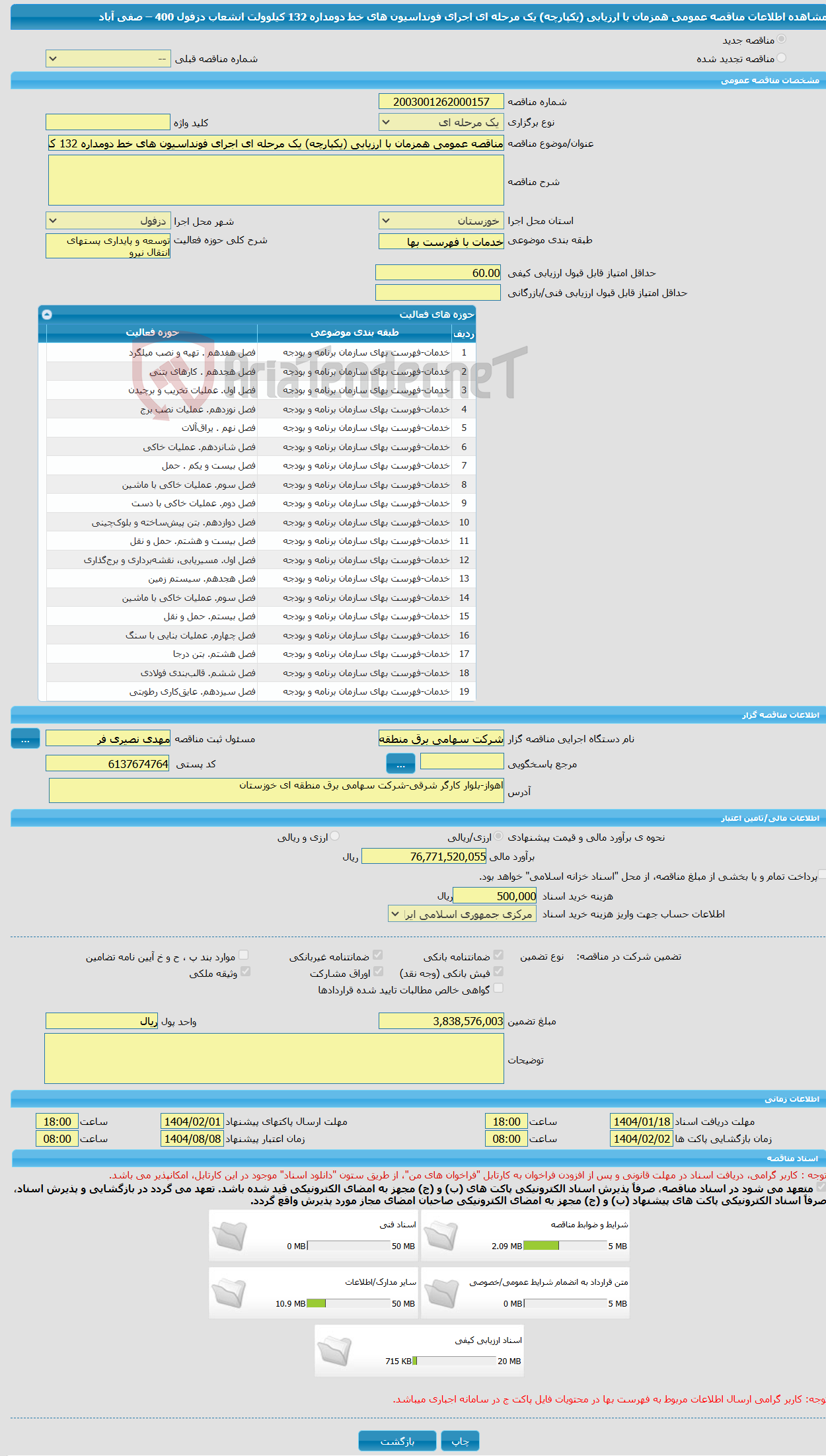تصویر کوچک آگهی مناقصه عمومی همزمان با ارزیابی (یکپارچه) یک مرحله ای اجرای فونداسیون های خط دومداره 132 کیلوولت انشعاب دزفول 400 – صفی آباد