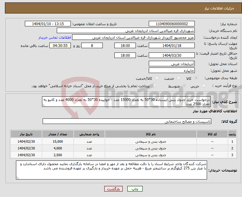 تصویر کوچک آگهی نیاز انتخاب تامین کننده-درخواست خرید جدول بتنی ایستاده 30*50 به تعداد 15000 عدد - خوابیده 30*50 به تعداد 4000 عدد و کانیو به تعداد 2500 عدد
