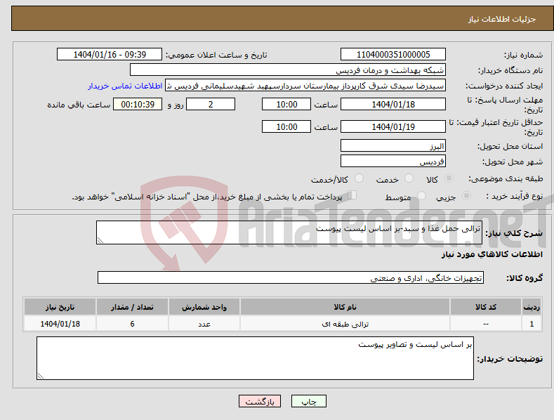 تصویر کوچک آگهی نیاز انتخاب تامین کننده-ترالی حمل غذا و سبد-بر اساس لیست پیوست