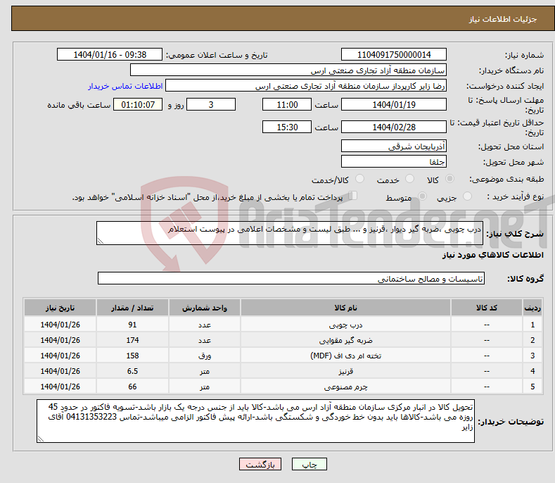 تصویر کوچک آگهی نیاز انتخاب تامین کننده-درب چوبی ،ضربه گیر دیوار ،قرنیز و ... طبق لیست و مشخصات اعلامی در پیوست استعلام