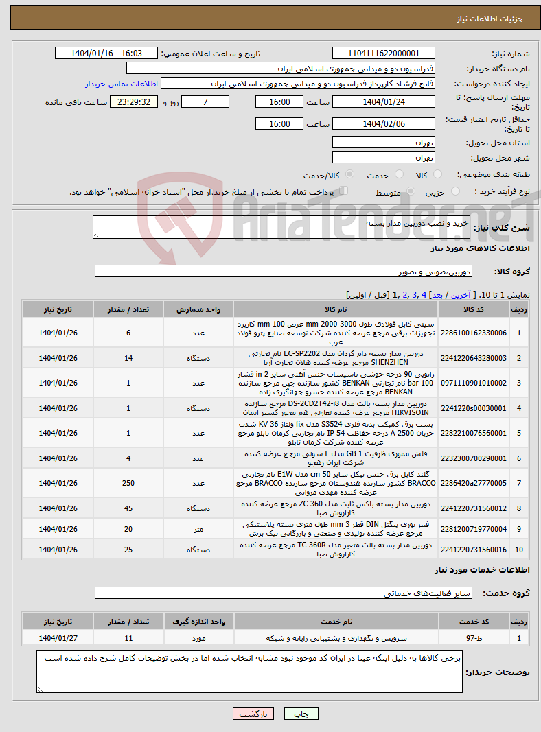 تصویر کوچک آگهی نیاز انتخاب تامین کننده-خرید و نصب دوربین مدار بسته