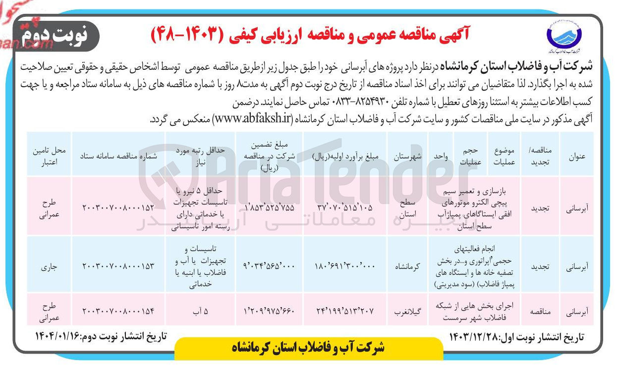 تصویر کوچک آگهی آبرسانی (انجام فعالیتهای حجمی اپراتوری و ... در بخش تصفیه خانه ها و ایستگاه های پمپاژ فاضلاب ) (سود مدیریتی) 