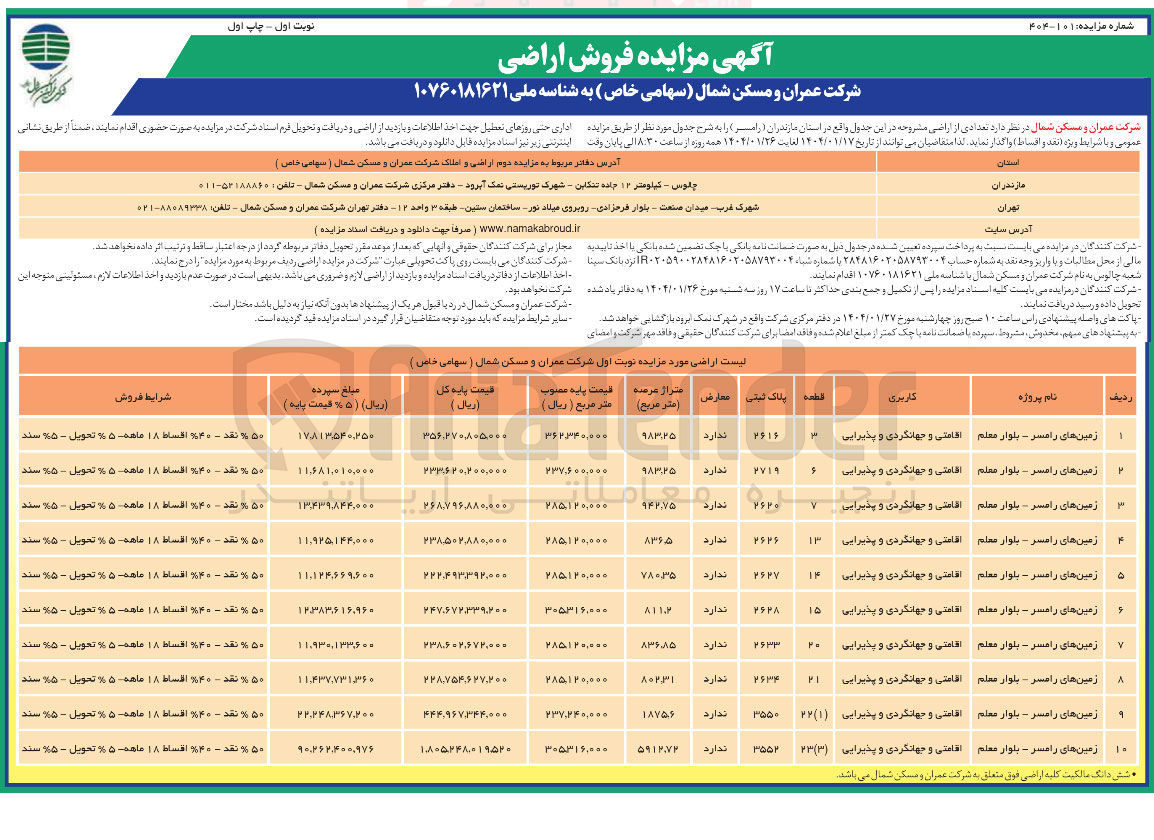 تصویر کوچک آگهی  مزایده فروش اراضی 
