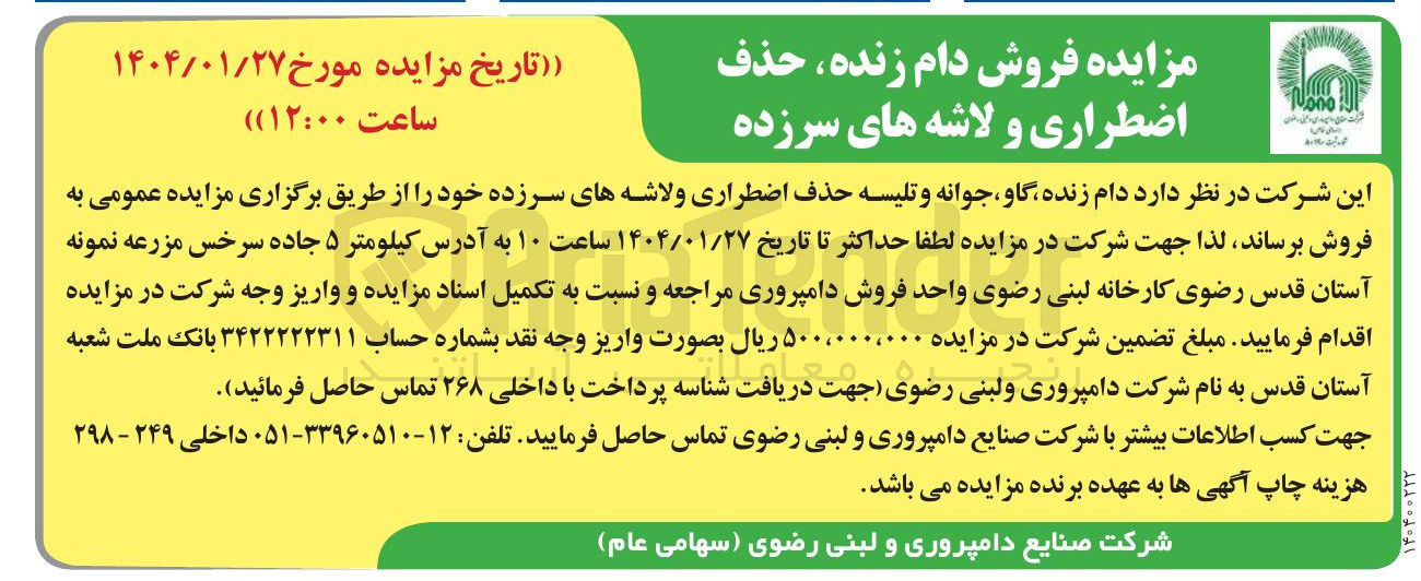 تصویر کوچک آگهی فروش دام زنده گاو ، جوانه و تلیسه حذف اضطراری ولاشه های سرزده 