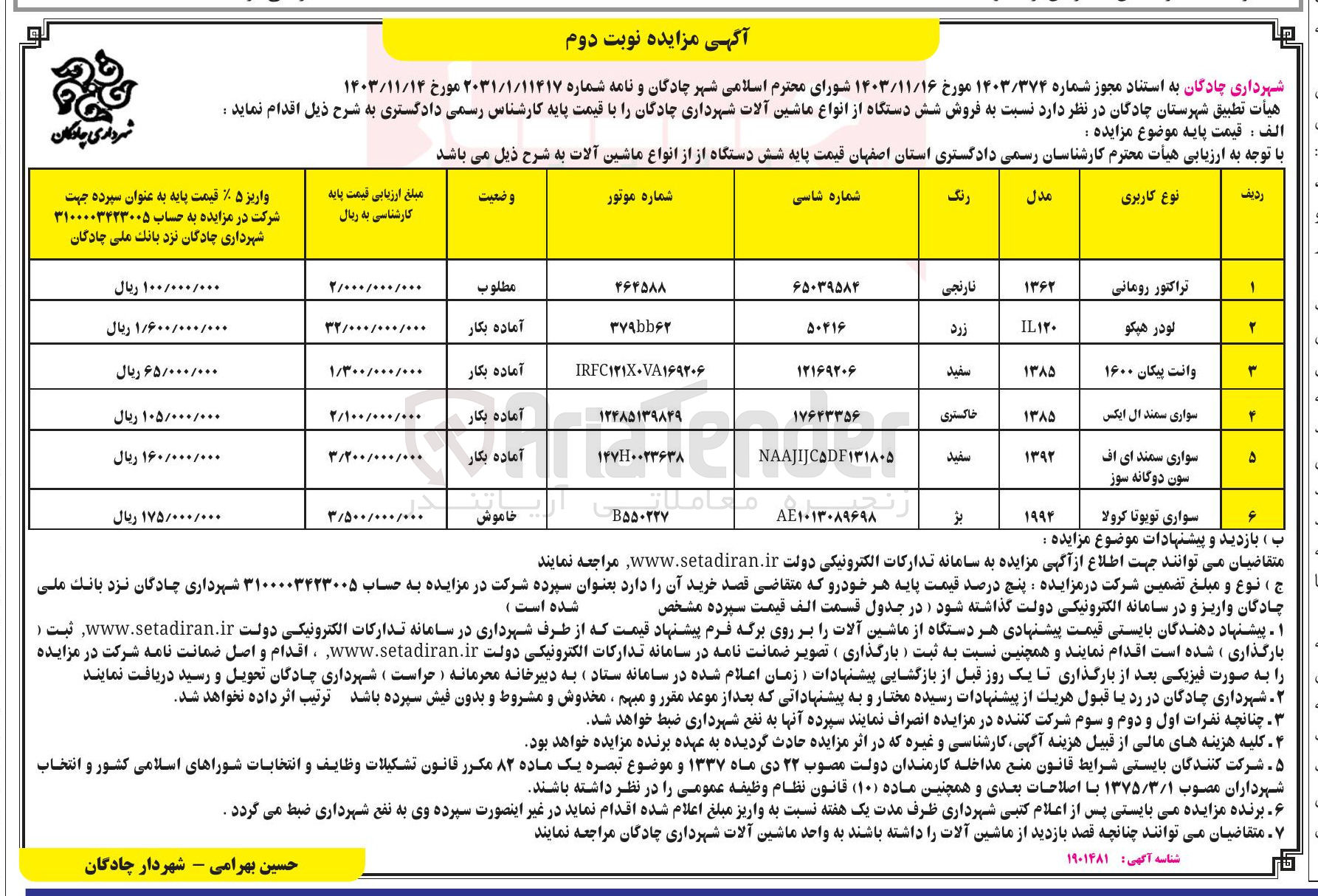 تصویر کوچک آگهی فروش شش دستگاه از انواع ماشین آلات (تراکتور رومانی - لودر هپکو - وانت پیکان 1600 - سواری سمند ال ایکس - سواری تویوتا کرولا)