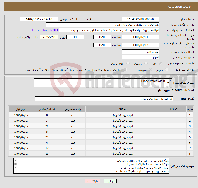 تصویر کوچک آگهی نیاز انتخاب تامین کننده-خرید 8 قلم Globe Valve 