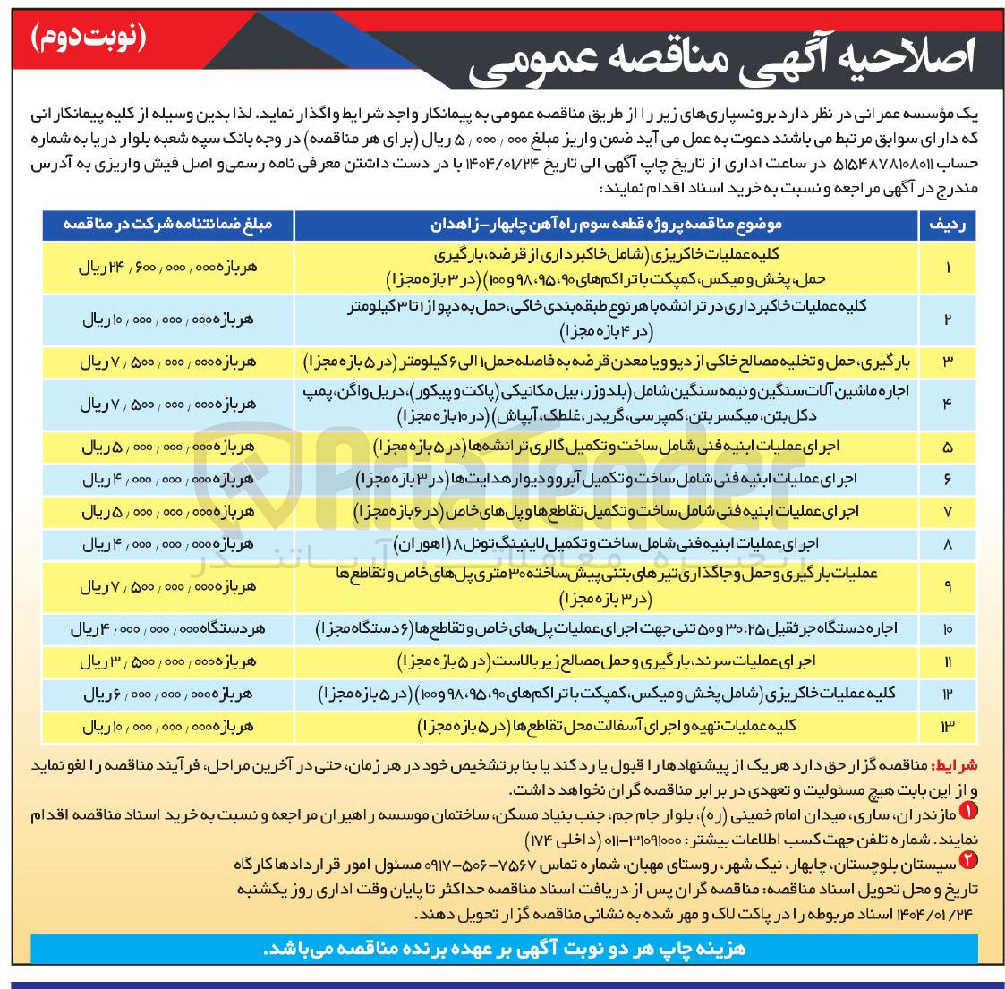 تصویر کوچک آگهی کلیه عملیات خاکریزی شامل خاکبرداری از قرضه بارگیری حمل ، پخش و میکس کمپکت با تراکم های (۹۸،۹۵،۹۰ و ۱۰۰ ) ( در ۳ بازه مجزا )