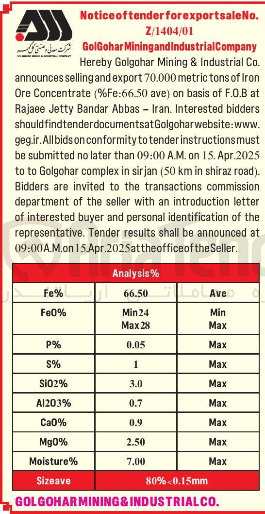 تصویر کوچک آگهی Iron of tons metric 70.000  ) ave Fe:66.50 % ( Concentrate Ore